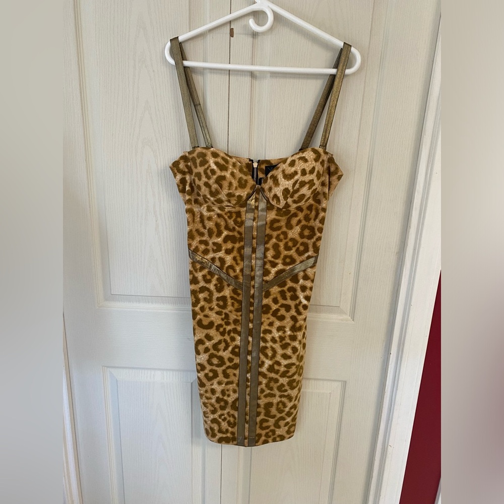 Kardashian Kollection Cheetah Print
Faux Leather Trim Bustier Party Dress Size L